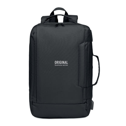 Vista frontal de mochila negra para portátil con personalizada con logotipo blancon en la zona central