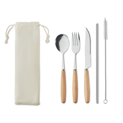 cuchillo, tenedor, cuchara, pajita de acero inoxidable y cepillo limpiador con saquito de canvas
