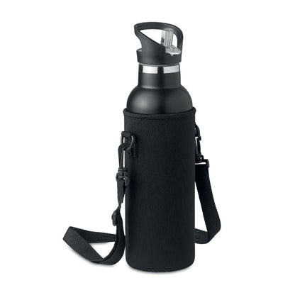 Botella con funda, asa y doble tapón con pajita