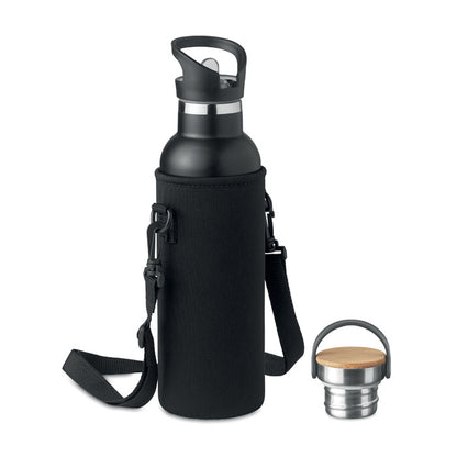Botella con funda, asa y 2 tapones