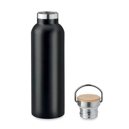 Botella de acero negra con asa con tapa al lado