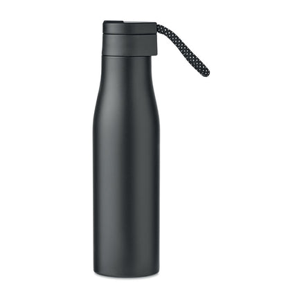 Botella de metal negra con cordón en la tapa