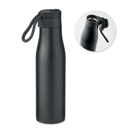 Botella de acero inoxidable negro con cordón para no perder el tapón