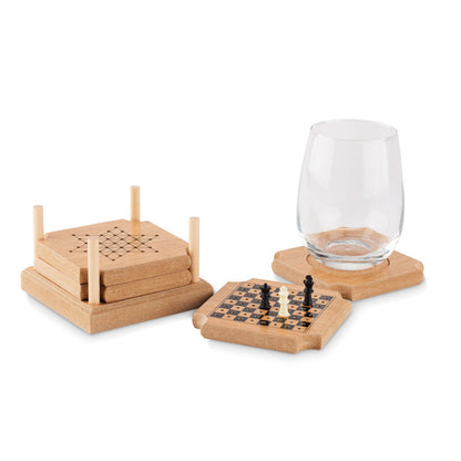 Posavasos de corcho con juego de ajedrez y damas chinas 