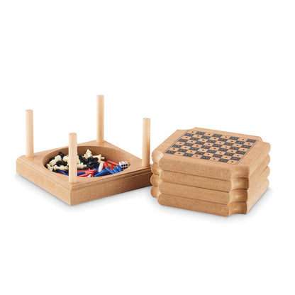 Soporte de madera con espacio inferior para guardar fichas de los juegos de los posavasos de corcho