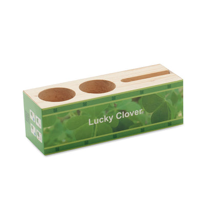Soporte de madera de sobremesa con funda de instrucciones para plantar maceta de tréboles