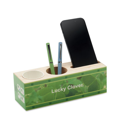 Soporte de madera para móvil y bolígrafos con funda de instrucciones para plantar maceta de tréboles