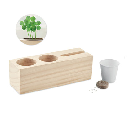 Soporte de madera de sobremesa con soporte para bolígrafo y teléfono con semillas de trébol y tableta de tierra