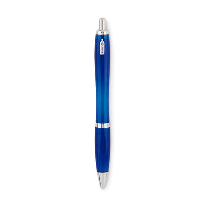 Vista frontal de boli azul oscuro de plástico con pulsador, punta y clip cromadas