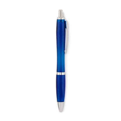 Vista frontal de boli azul oscuro de plástico con pulsador, punta y clip cromadas