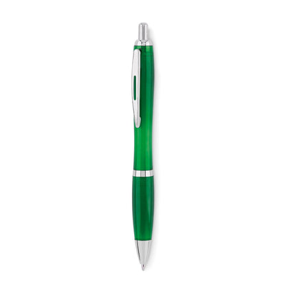 Vista frontal de boli verde de plástico con pulsador, punta y clip cromadas