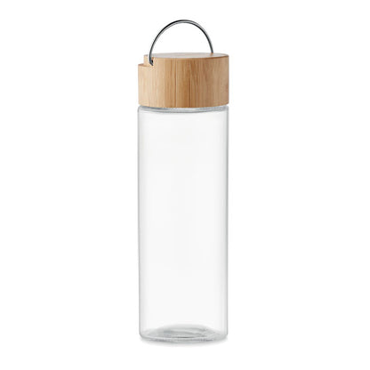 Botella de vidrio con tapa de bambú con asa