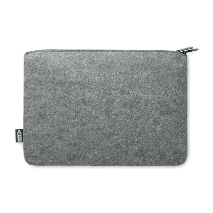 Vista trasera de funda de fieltro gris para portátil con etiqueta RPET
