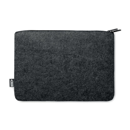 Vista trasera de funda de fieltro negra para portátil con etiqueta RPET