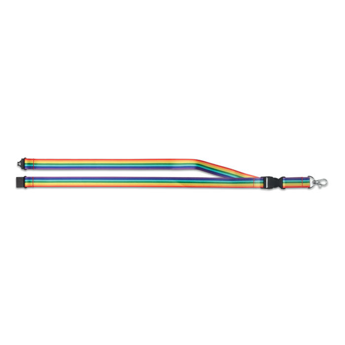 Lanyard de RPET en colores arcoíris con mosquetón metálico y hebilla desmontable, vista superior.