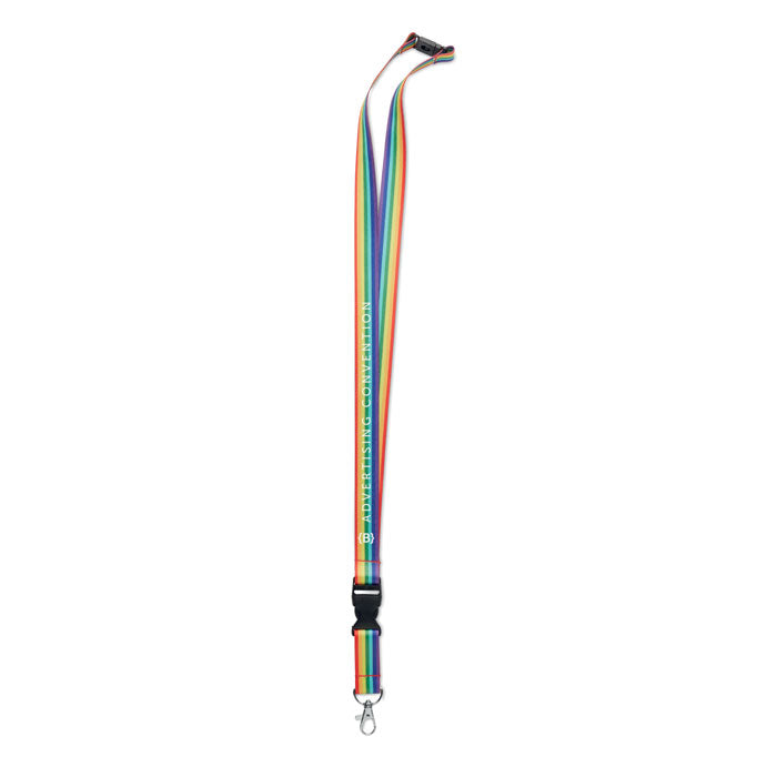 Lanyard de RPET en colores arcoíris con mosquetón metálico y hebilla desmontable, vista lateral