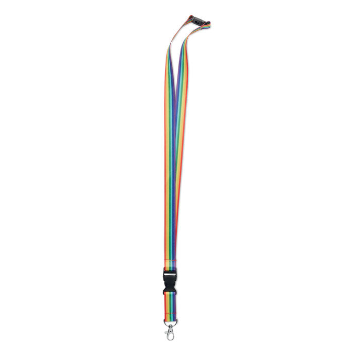 Lanyard RPET con diseño de arcoíris, mosquetón metálico y hebilla desmontable, vista lateral.