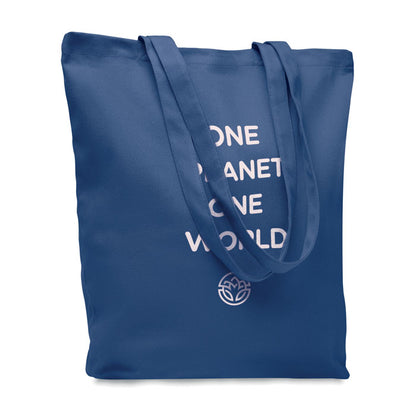 Bolsa de algodón azul personalizada con una frase grande y un logotipo en color blanco