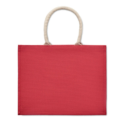 Detalle asas bolsa de playa roja de yute