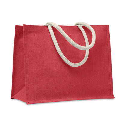 Bolsa de playa de yute roja con asas blancas