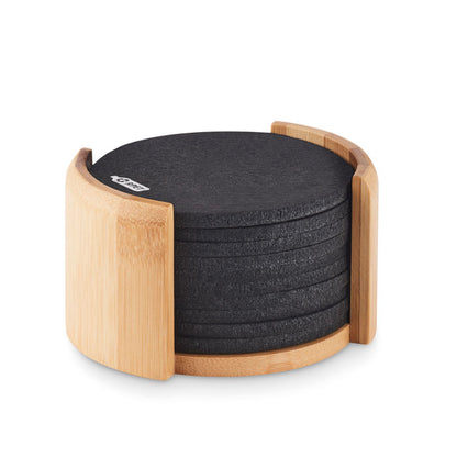 10 Posavasos de fieltro negro con soporte de madera