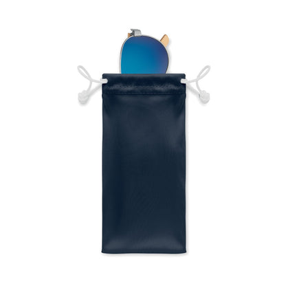 Funda de gafas negra con gafas de sol azules
