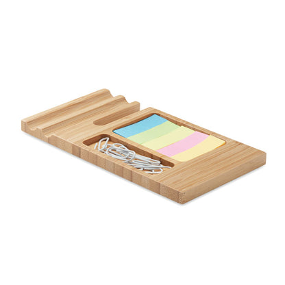 Bandeja de bambú para el teléfono con clips y notas adhesivas de colores
