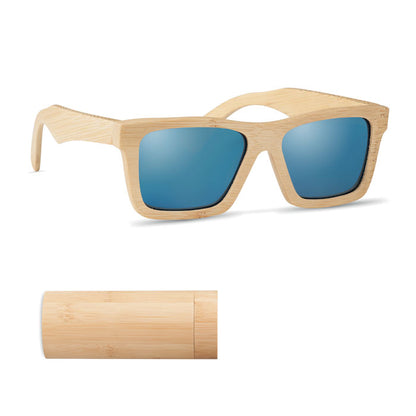 Gafas de sol de montura de bambú y lentes de espejo azules con estuche de bambú