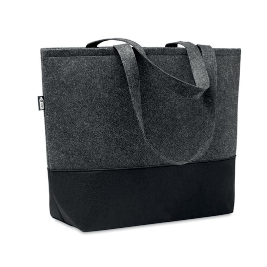 DUO INDICO - Bolsa compras de fieltro RPET asas largas en gris oscuro con base negra, ideal como bolsa ecológica de tela para compras o playa.