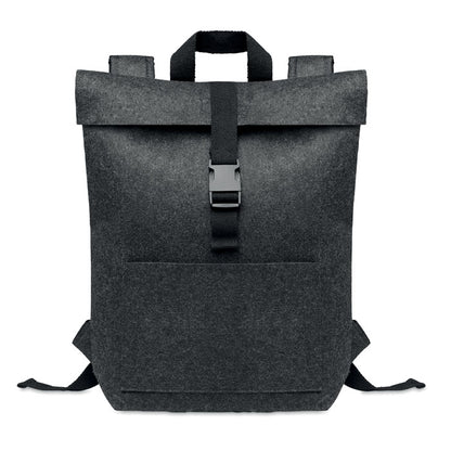 Vista frontal de mochila de negocios de fieltro gris con bolsillo