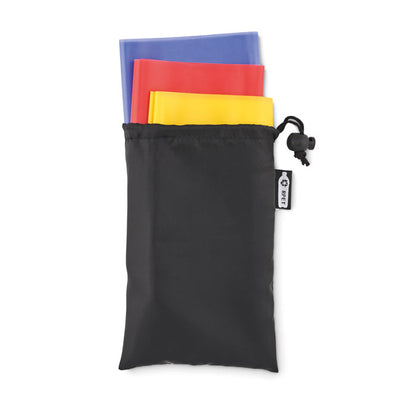 Bandas de fitness presentadas en bolsa de poliéster RPET reciclado.