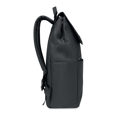 Vista lateral de mochila negra con asas acolchadas