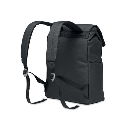Vista trasera de mochila negra con asas de RPET