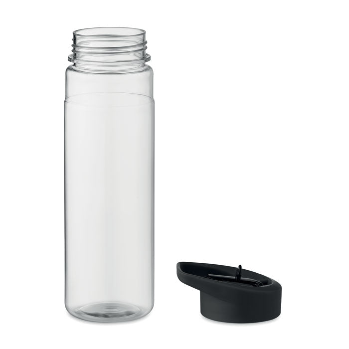 Botella transparente de RPET de 650 ml junto a una tapa negra, ideal para uso diario. Diseño minimalista y funcional.