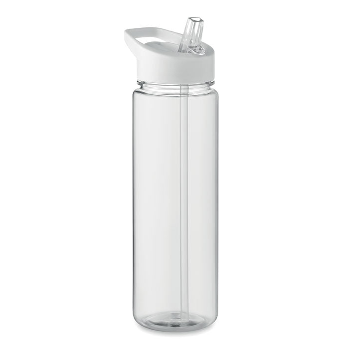 Botella transparente de RPET de 650 ml con tapa y boquilla plegable, ideal para bebidas no gaseosas.