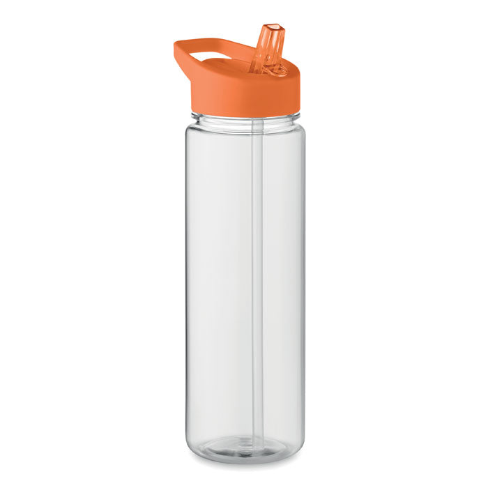 Botella transparente con tapa naranja y boquilla plegable, perfecta para bebidas, capacidad de 650 ml.