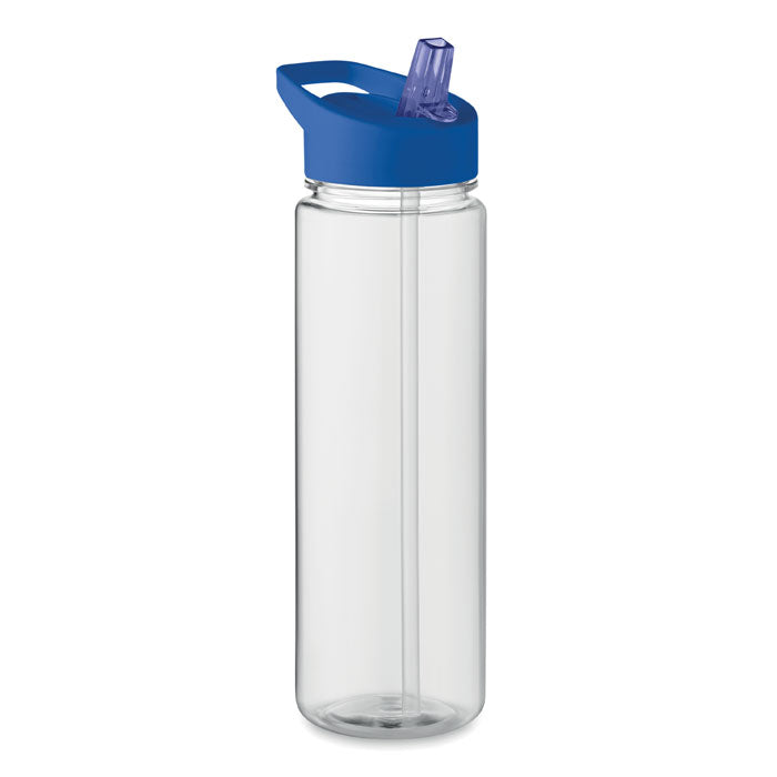 Botella transparente de 650 ml con tapa azul y boquilla plegable, ideal para beber en movimiento.