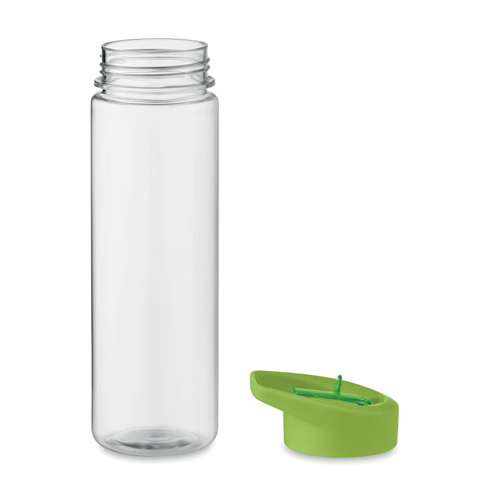 Botella RPET transparente de 650 ml con tapa verde, ideal para bebidas sin gas.