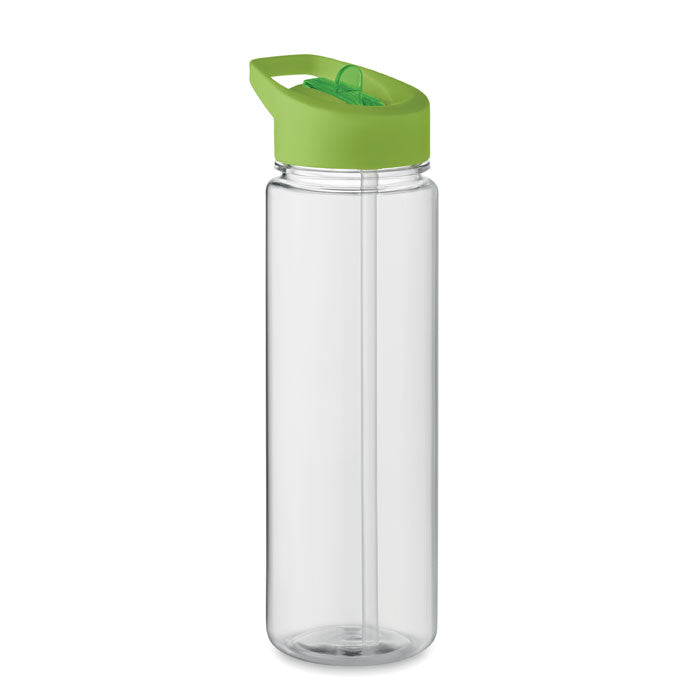 Botella de agua transparente de 650 ml con tapa verde y boquilla plegable, ideal para bebidas no gasificadas.