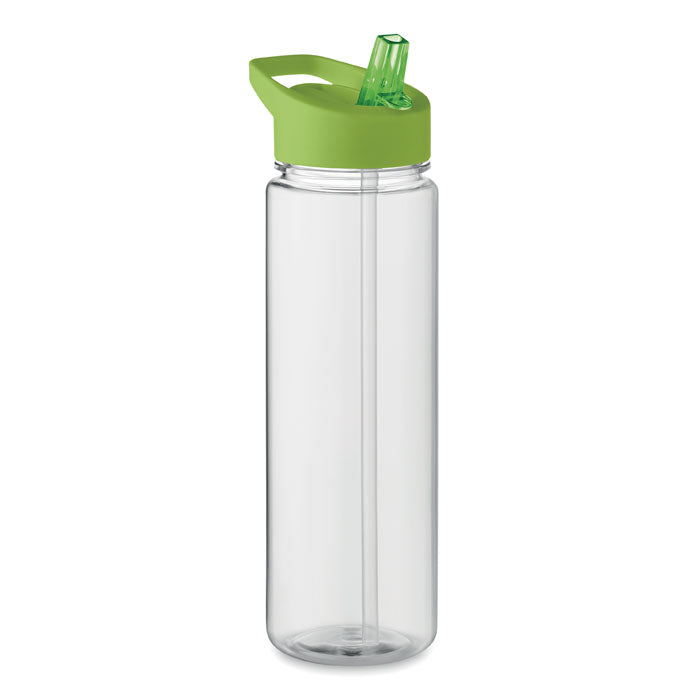 Botella de RPET con tapa verde y boquilla plegable, perfecta para mantener bebidas frías, capacidad de 650 ml.