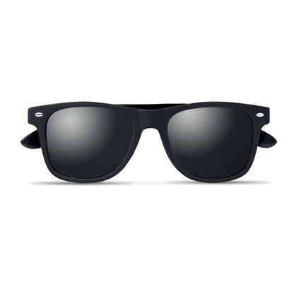 Gafas negras de bambú cerradas con lentes negras efecto espejo