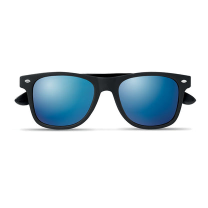 Gafas negras de bambú cerradas con lentes azules efecto espejo
