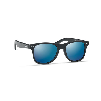 Gafa negra de madera de bambú con lentes azules efecto espejo
