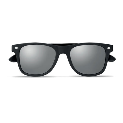Gafa negra de madera de bambú con lentes azules efecto espejo