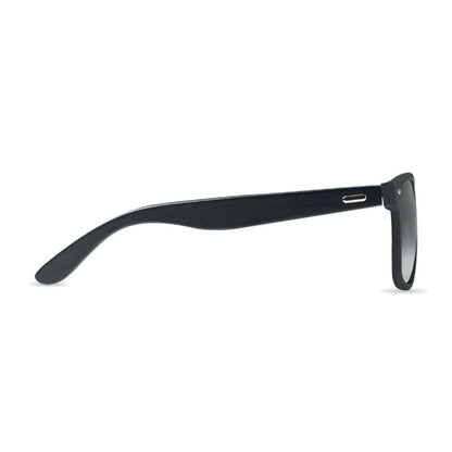 Gafas negras de bambú cerradas con lentes azules efecto espejo