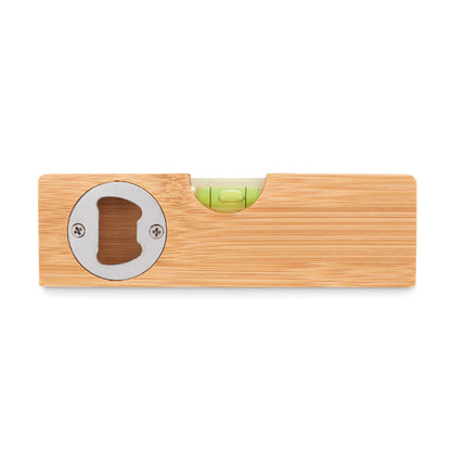 Herramienta de nivel con abrebotellas en madera natural de bambú.