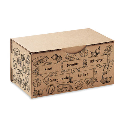 Caja de cartón marrón con ilustraciones para kit de cultivo