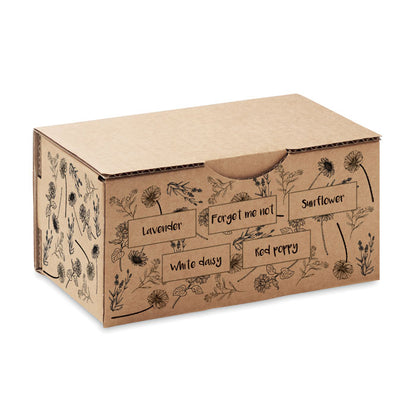 Caja de cartón marrón impresa con nombres de flores