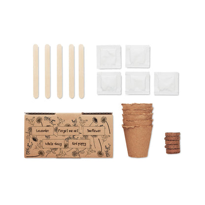Set de cultivo con macetas, semillas, caja y guías de madera