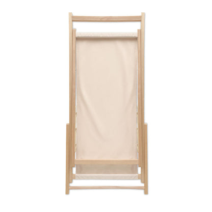 Vista trasera de silla plegada de madera y tela crema
